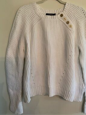 Ralph Lauren White Cotton Crewneck Sweater with Gold Shoulder Buttons